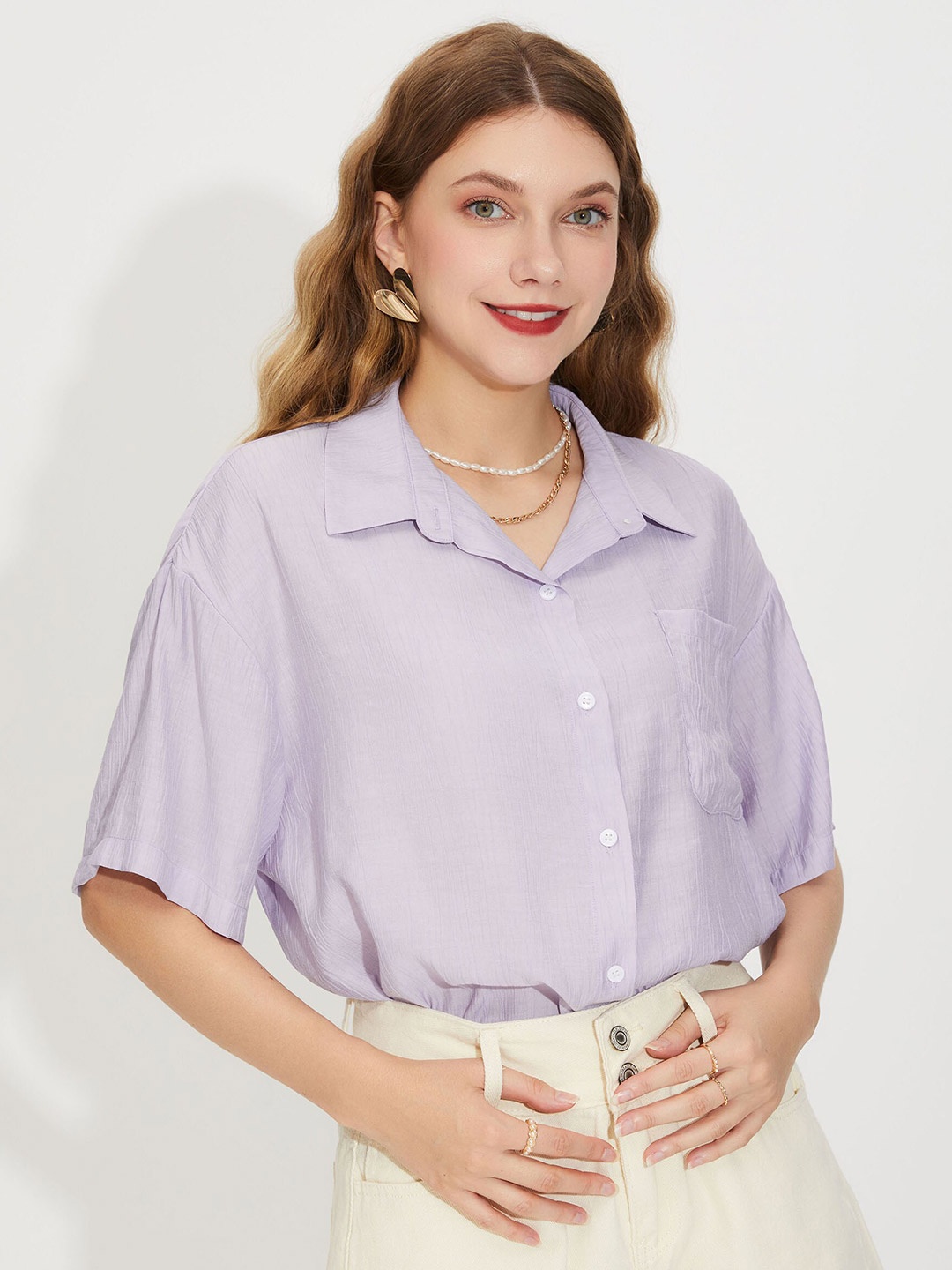 

URBANIC Purple Striped Extended Sleeves Shirt Style Top