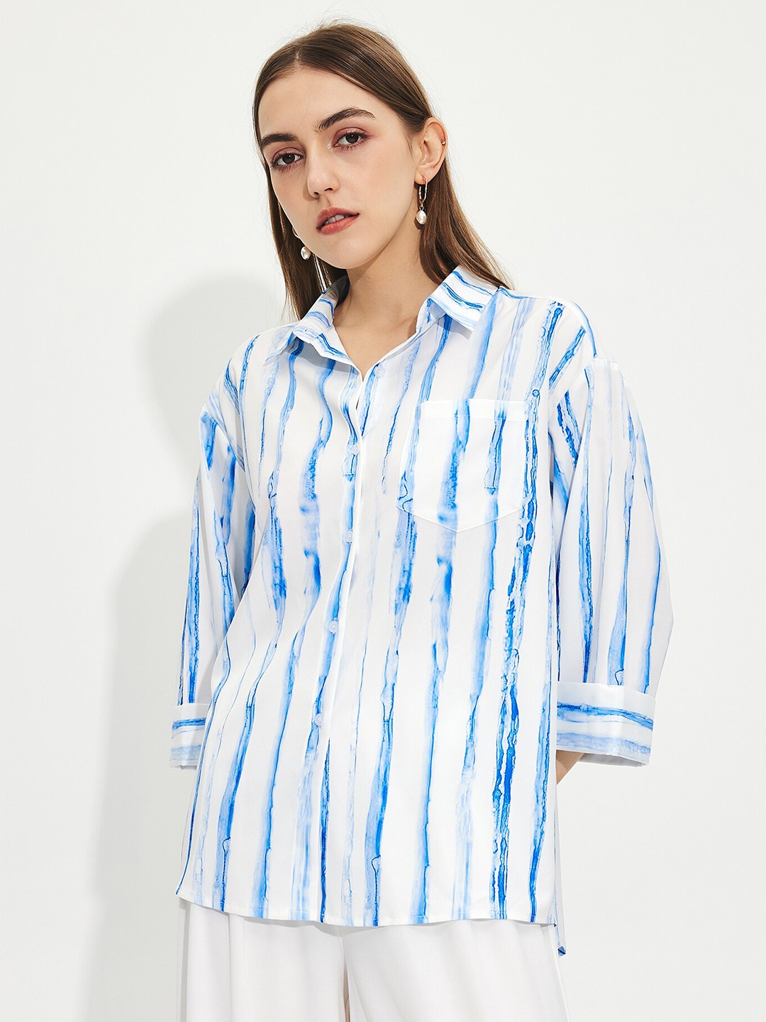 

URBANIC White Striped Shirt Style Top