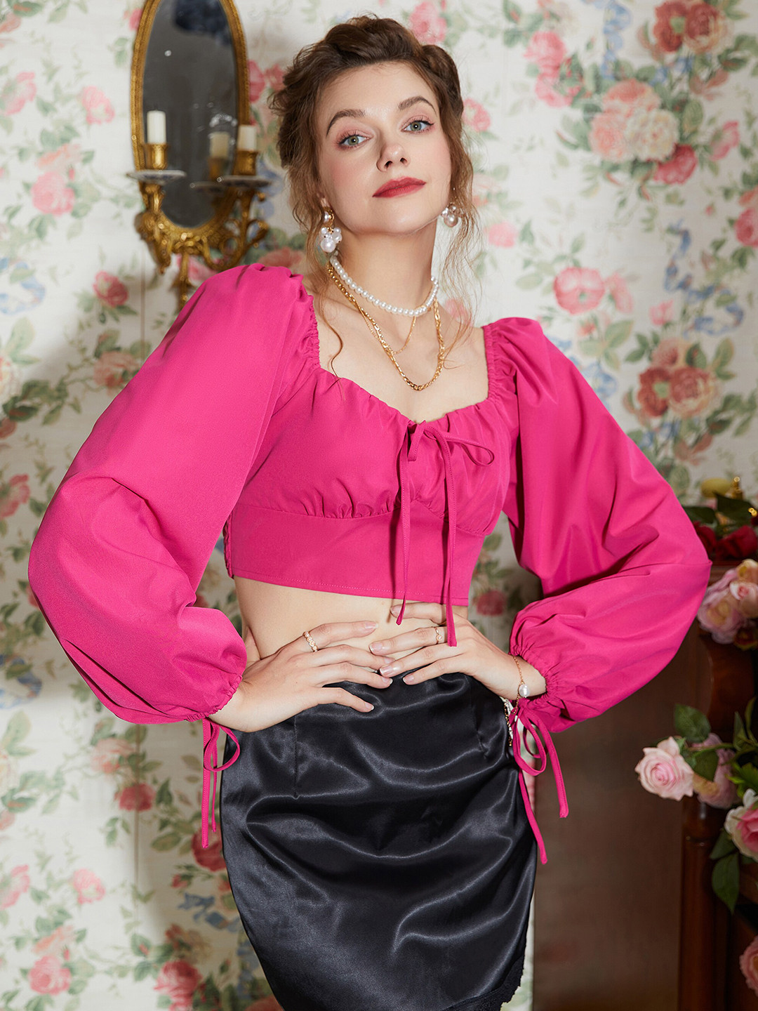 

URBANIC Red Floral Crop Top