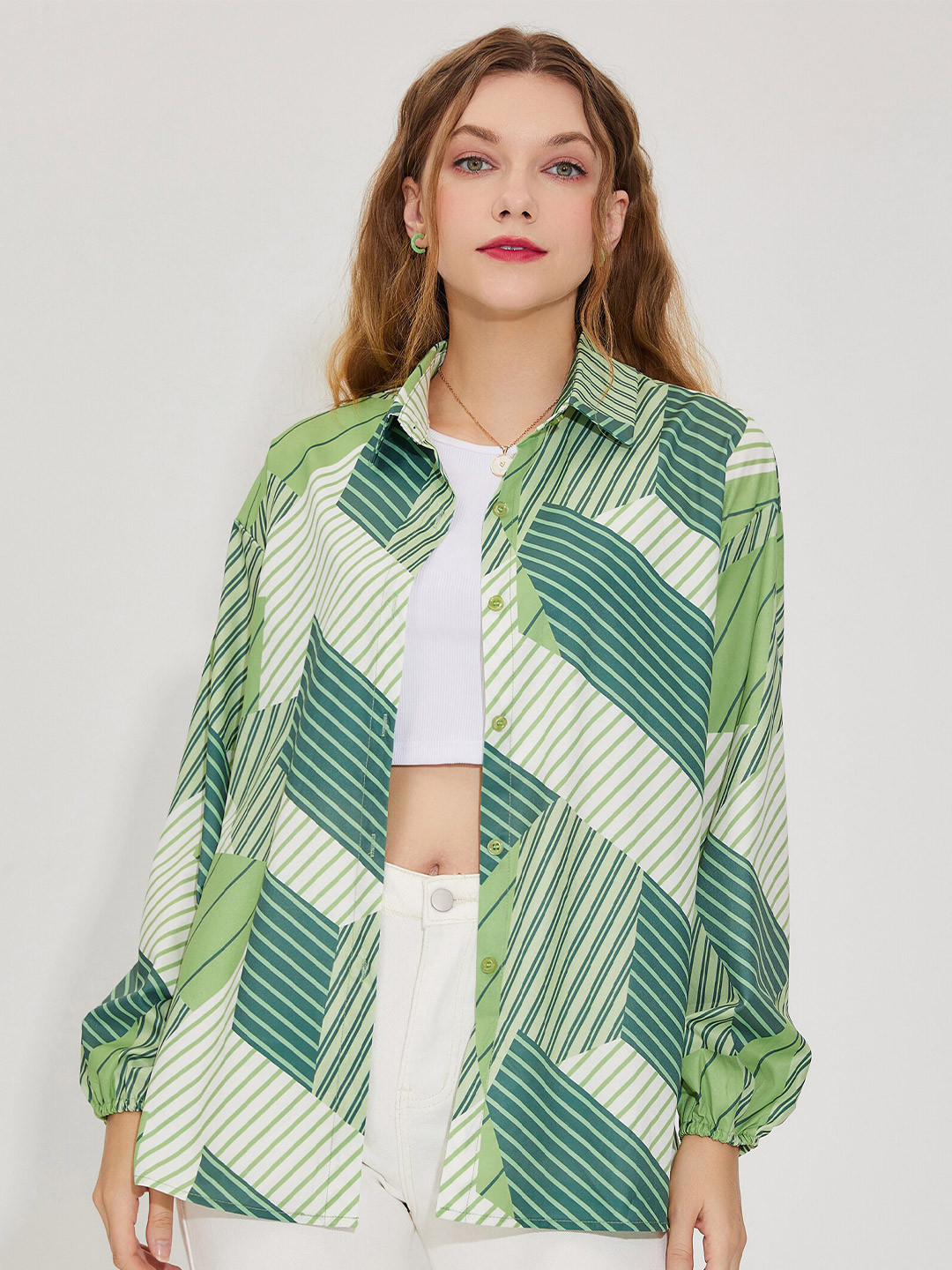 

URBANIC Green & light silver Print Shirt Style Top