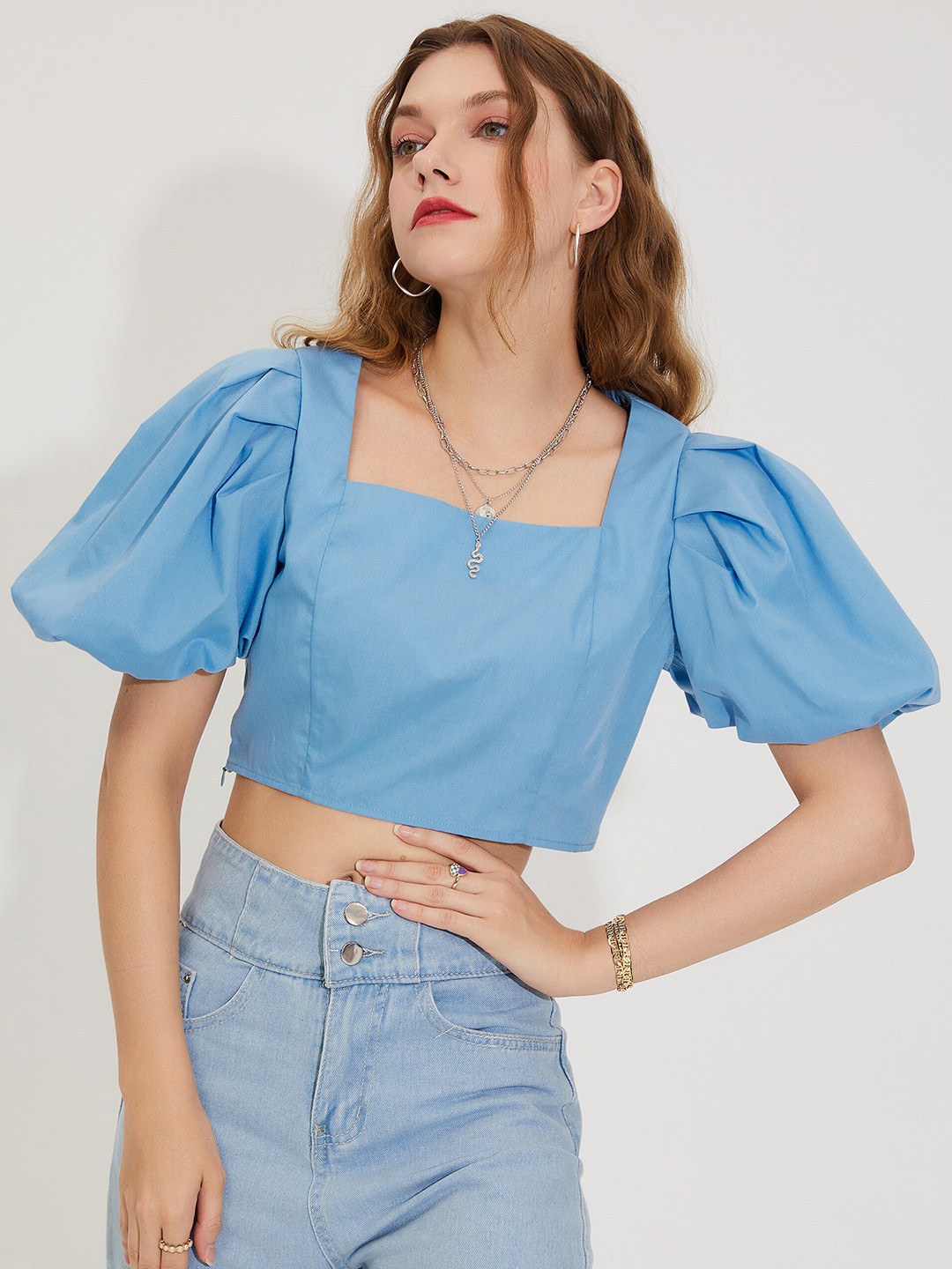 

URBANIC Blue Puff Sleeves Crop Top