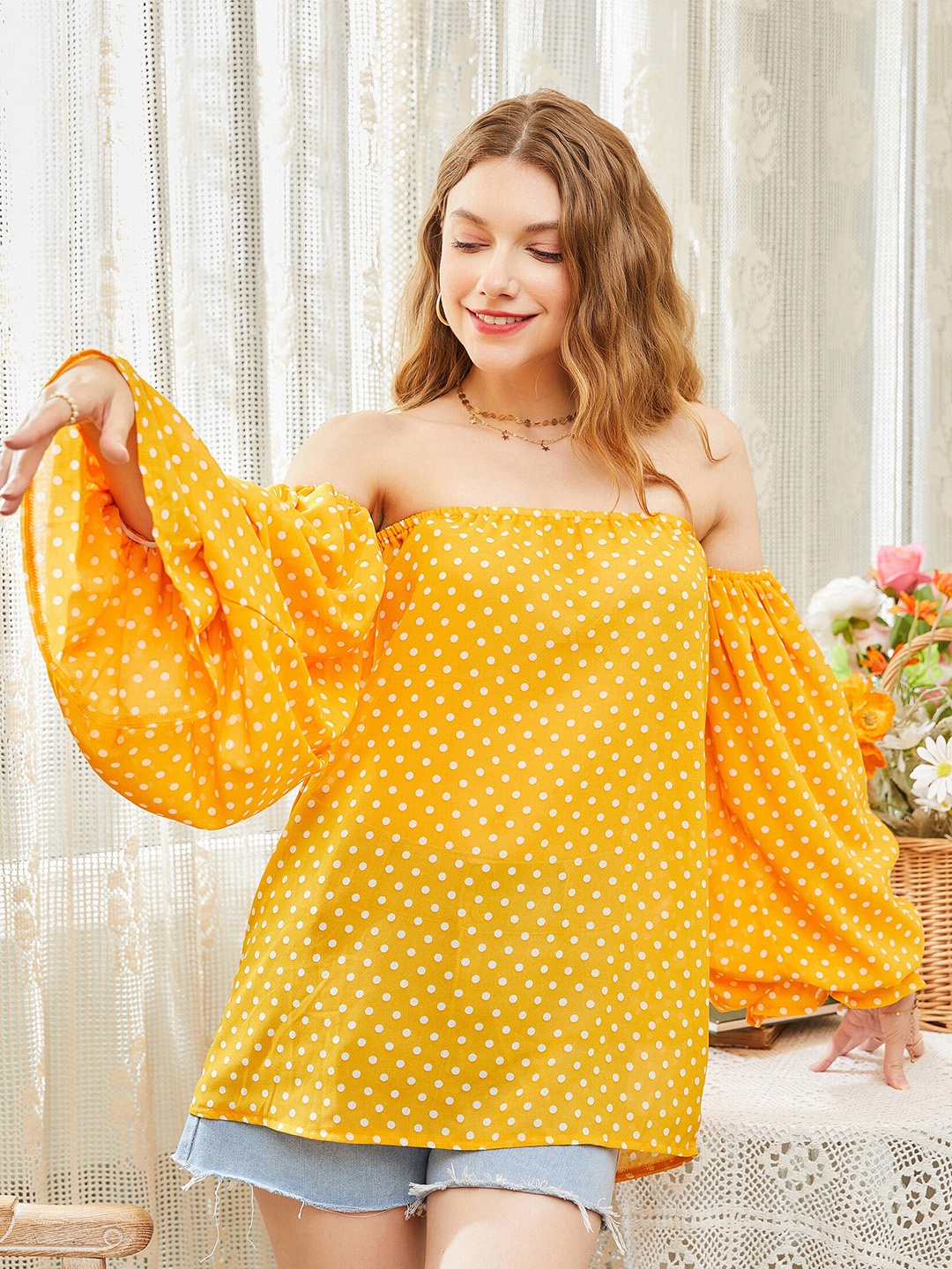 

URBANIC Yellow Floral Print Off-Shoulder Bardot Top