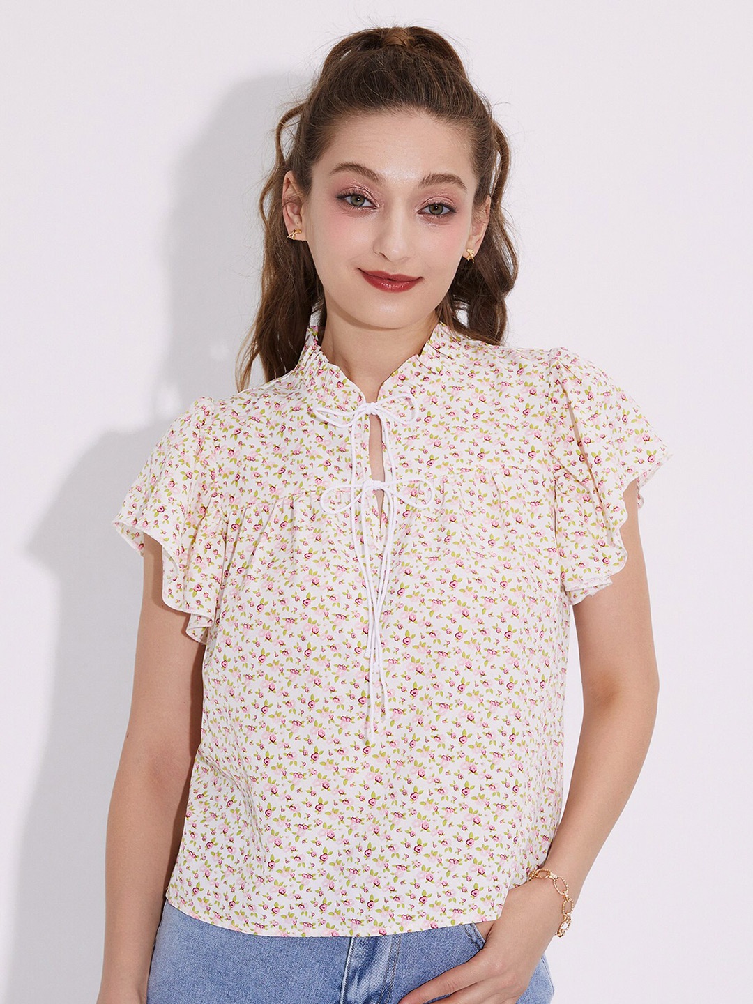 

URBANIC Pink Floral Print Tie-Up Neck Top