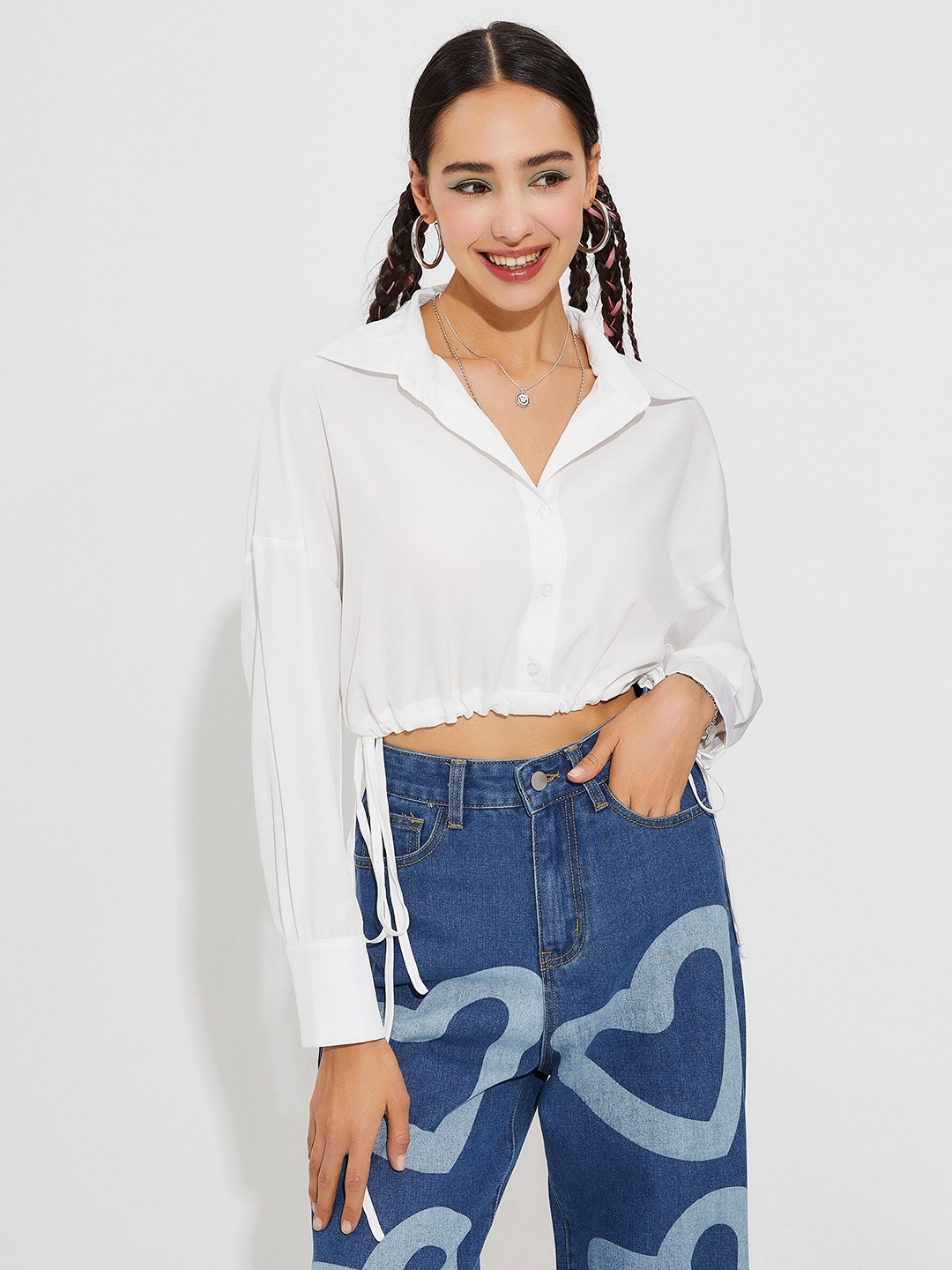 

URBANIC White Extended Sleeves Shirt Style Crop Top