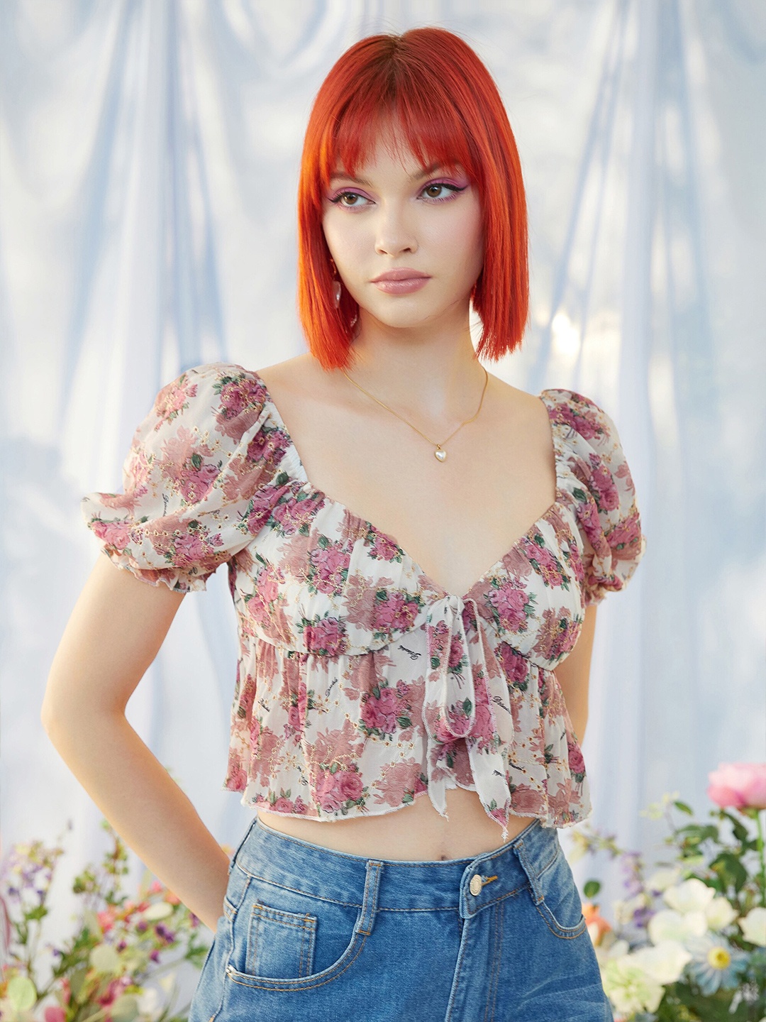 

URBANIC Red Floral Print Styled Back Crop Top