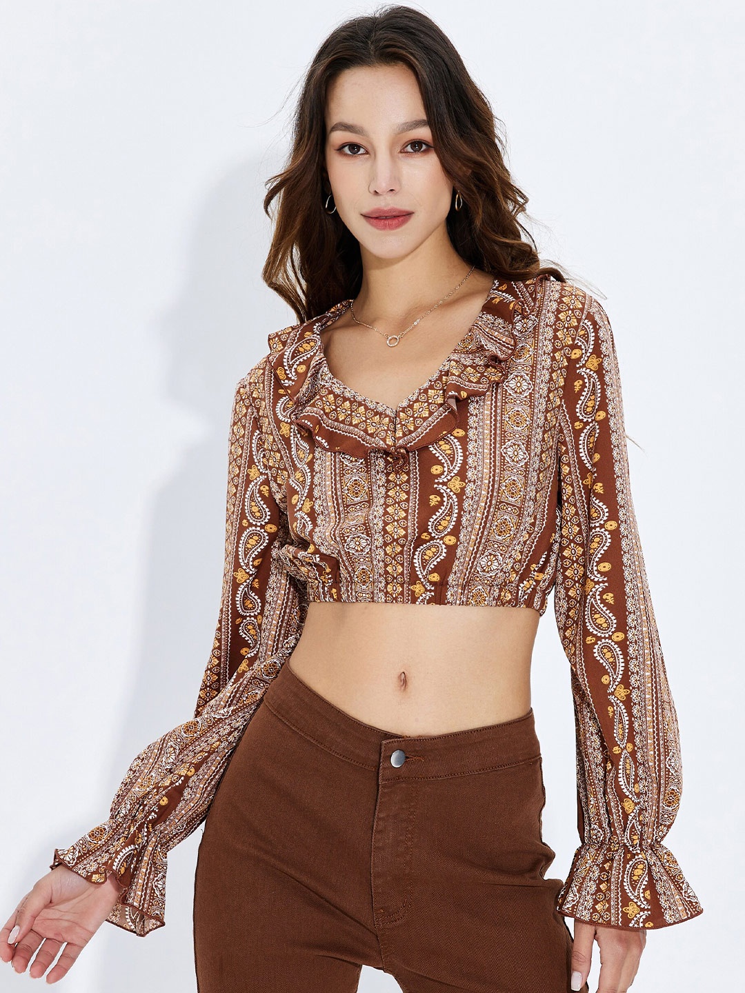 

URBANIC Coffee Brown Animal Print Blouson Top