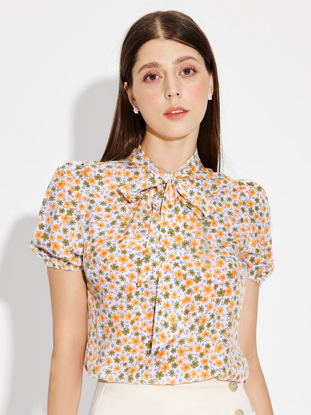 

URBANIC Yellow Floral Print Shirt Style Top