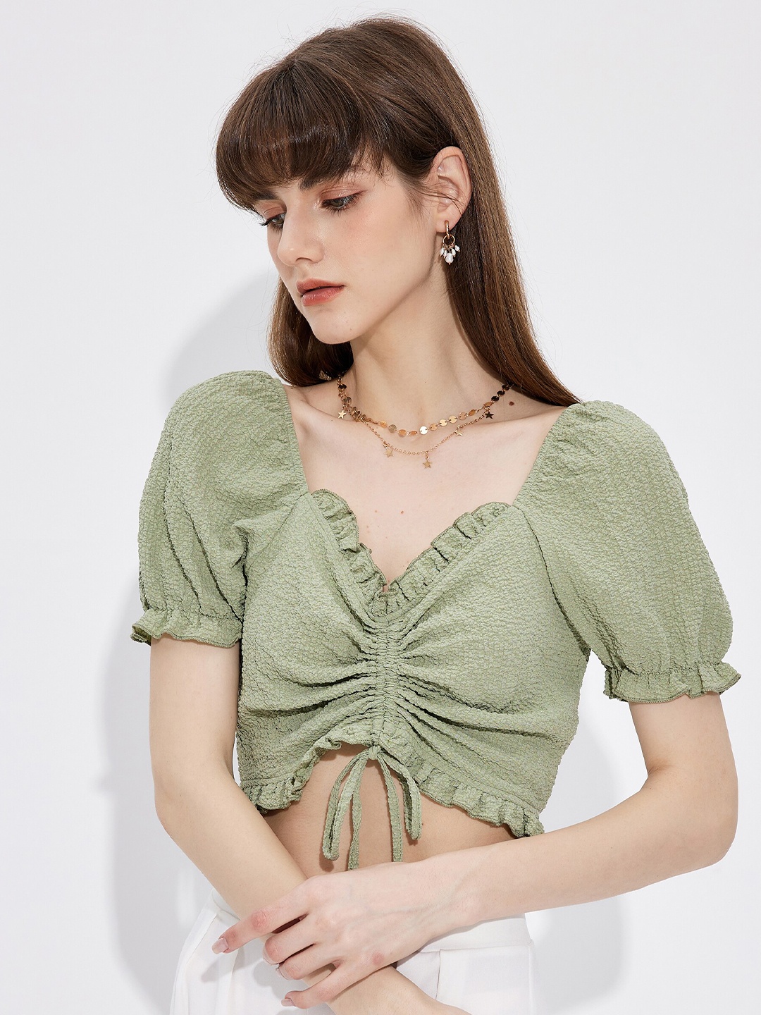 

URBANIC Women Green Solid Puff Sleeves Crop Top