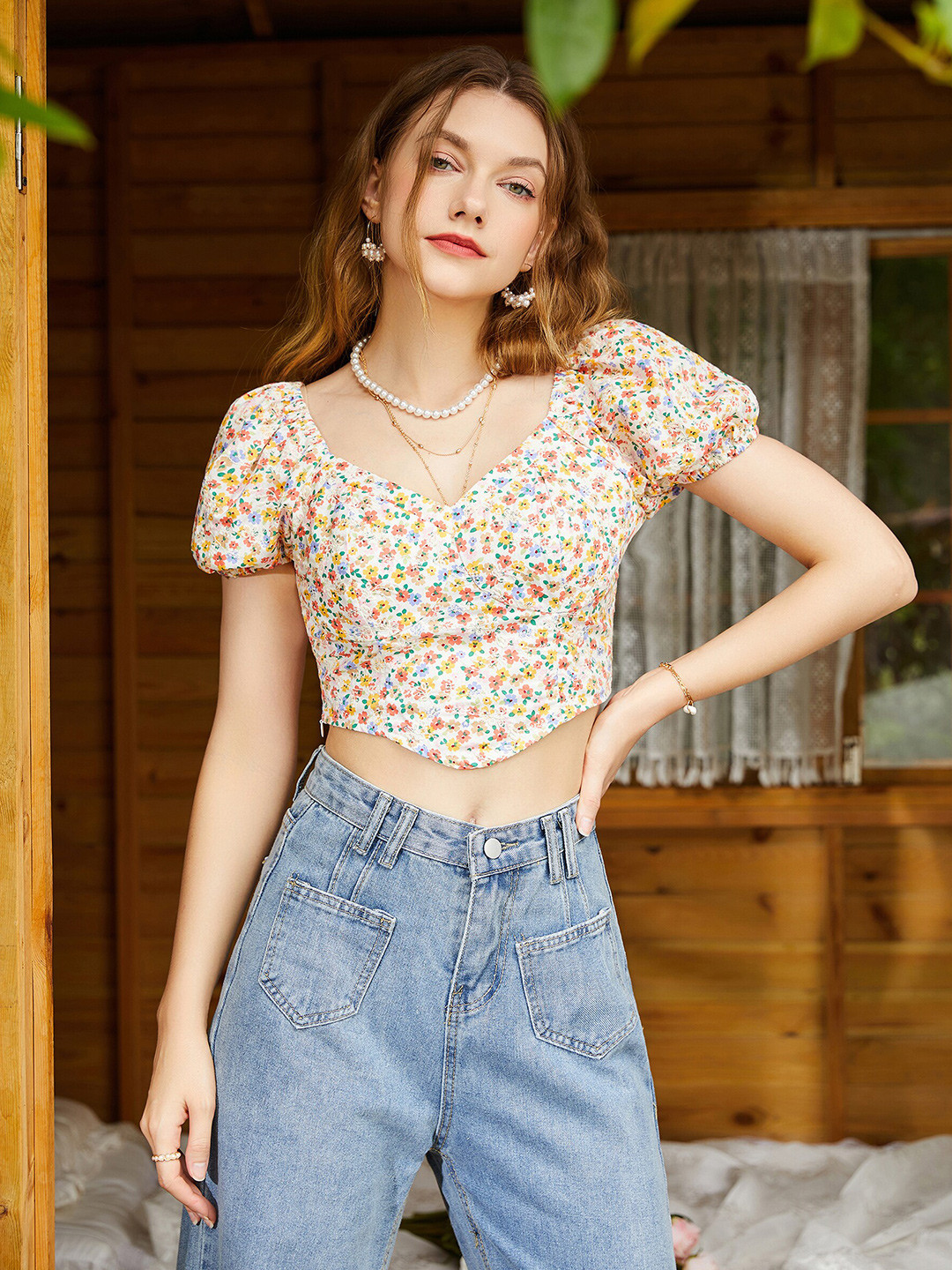 

URBANIC Pink & mother of pearl Floral Print Top