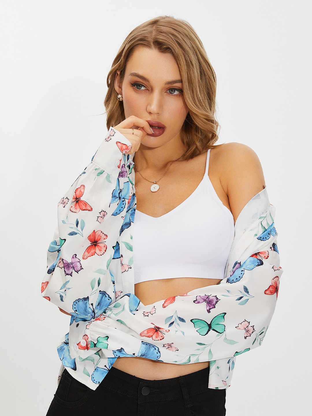 

URBANIC Blue Floral Print Shirt Style Top