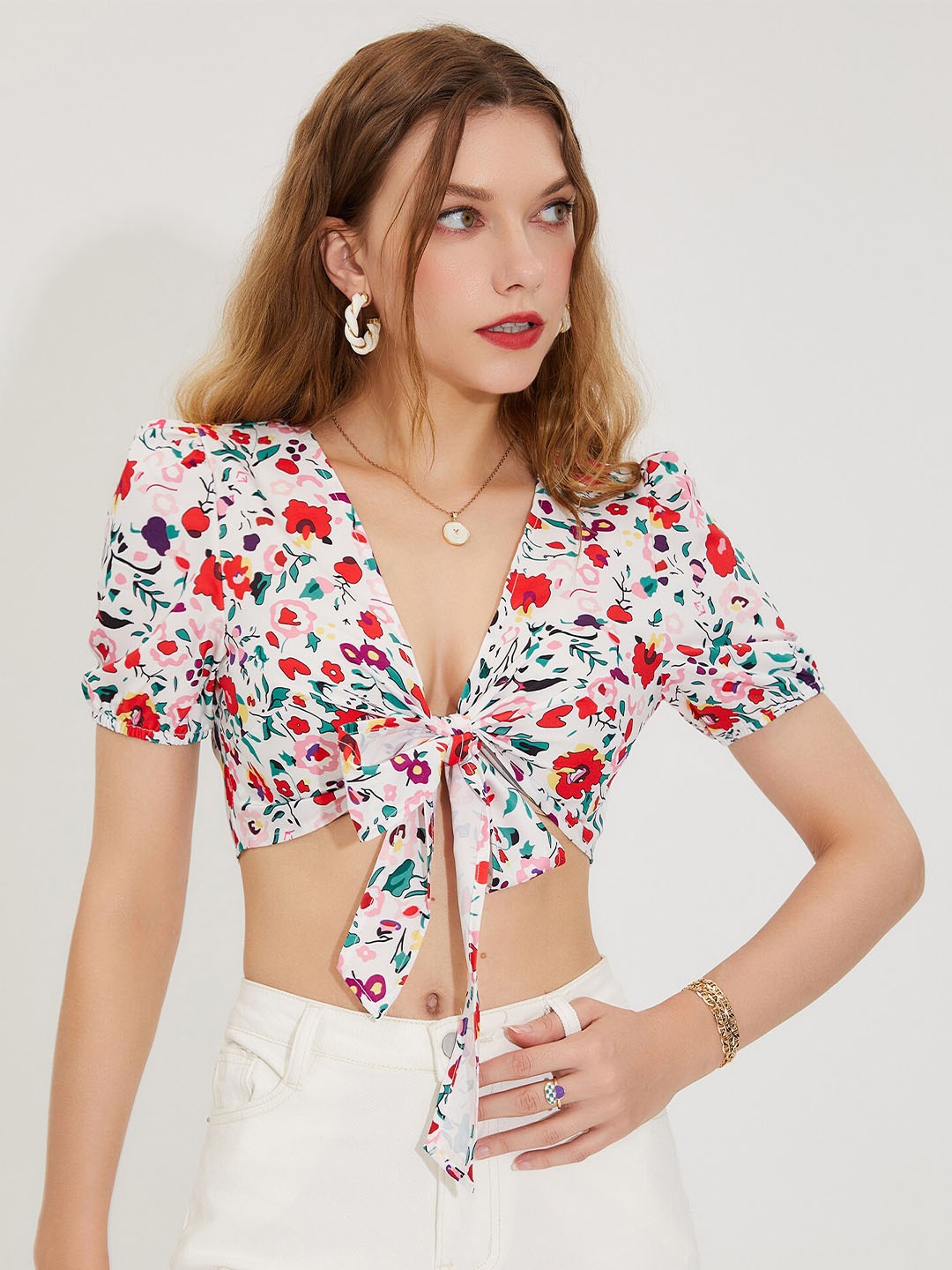 

URBANIC White & Red Floral Print Crop Top