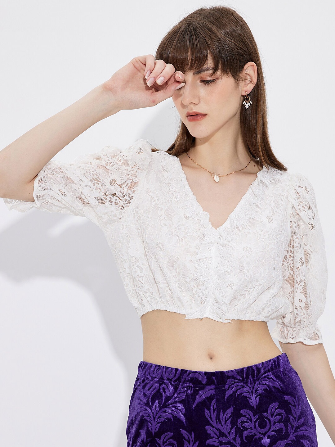 

URBANIC Women White Self Design Crop Top