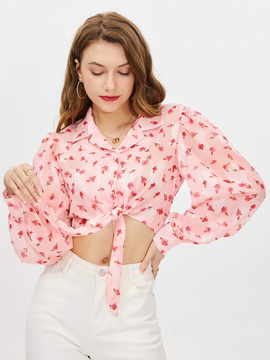 

URBANIC Pink Floral Print Shirt Style Crop Top