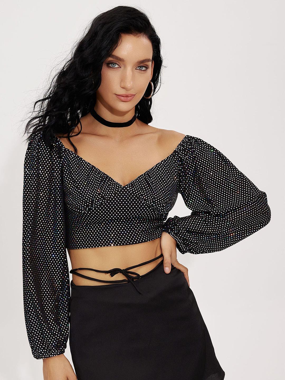 

URBANIC Black Sequined Wrap Crop Top