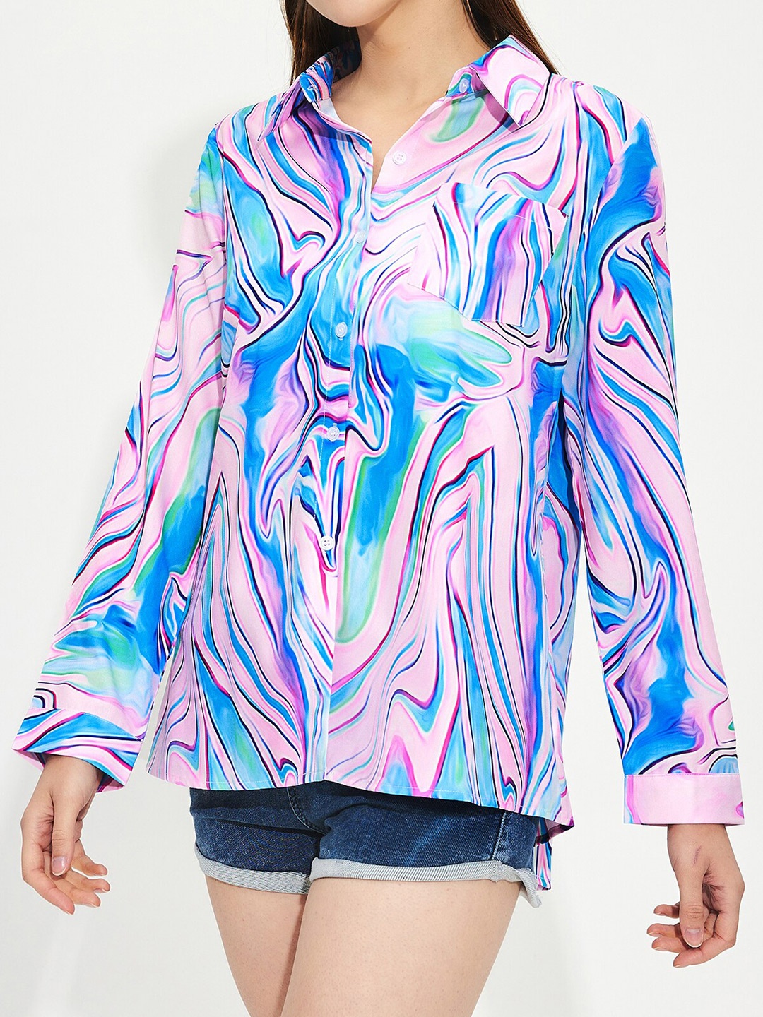 

URBANIC Blue Geometric Print Shirt Style Top