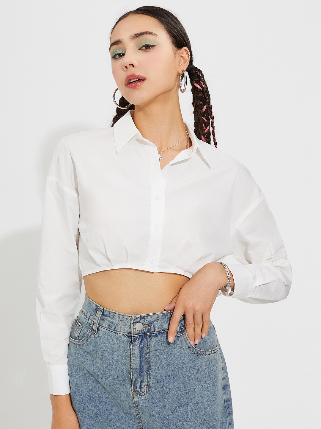 

URBANIC White & delicacy Shirt Style Crop Top
