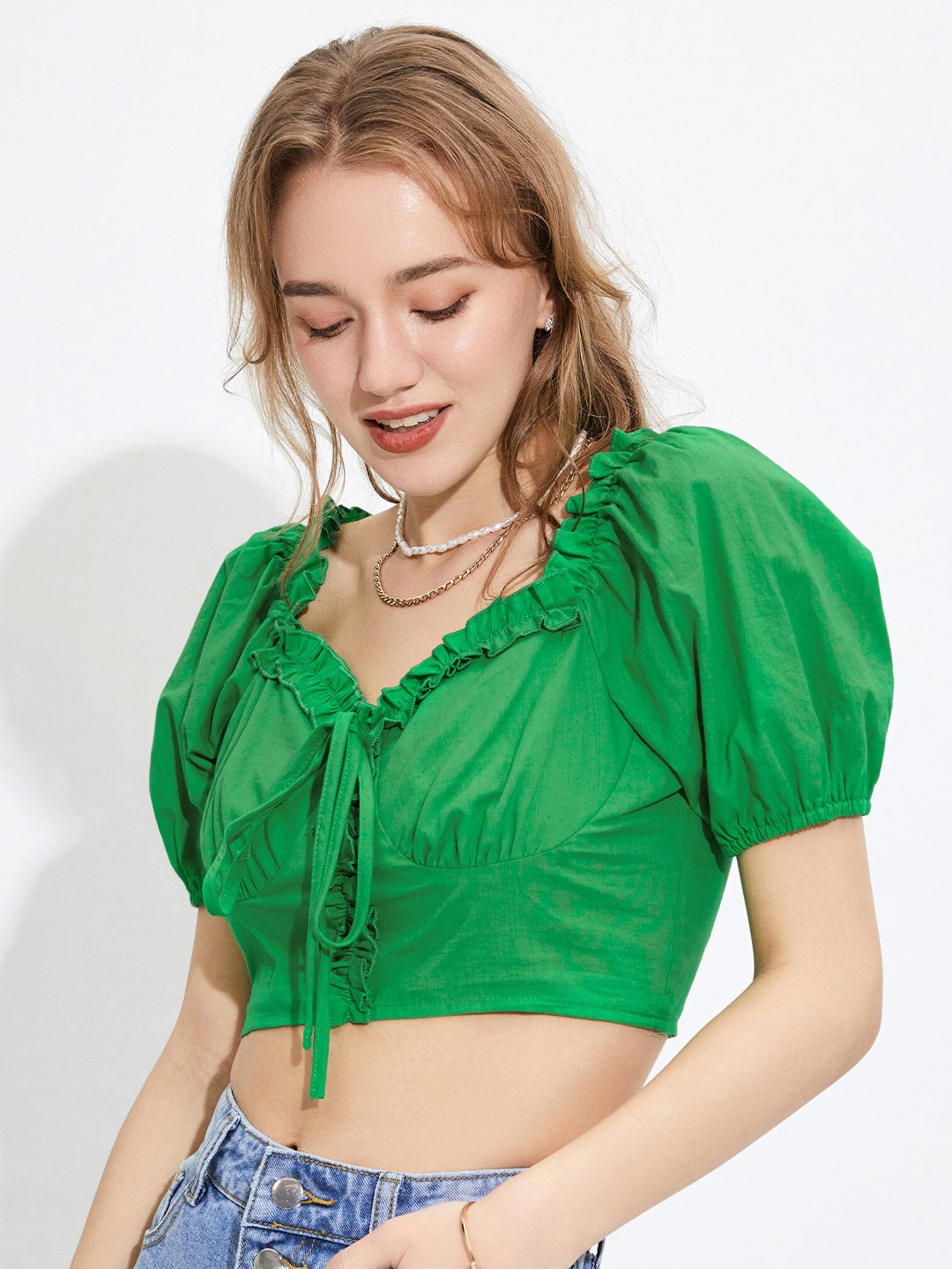 

URBANIC Green Tie-Up Neck Crop Top