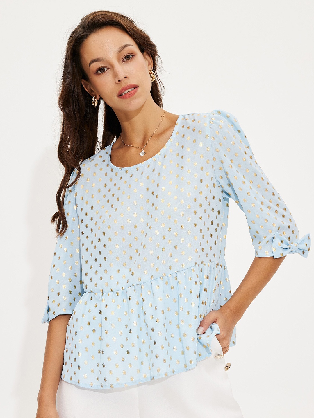 

URBANIC Blue & Golden Polka Dots Print A-line Top