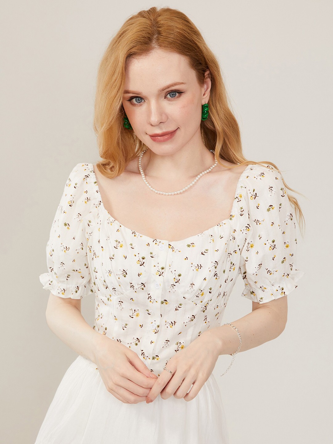 

URBANIC White Floral Print Extended Sleeves Top
