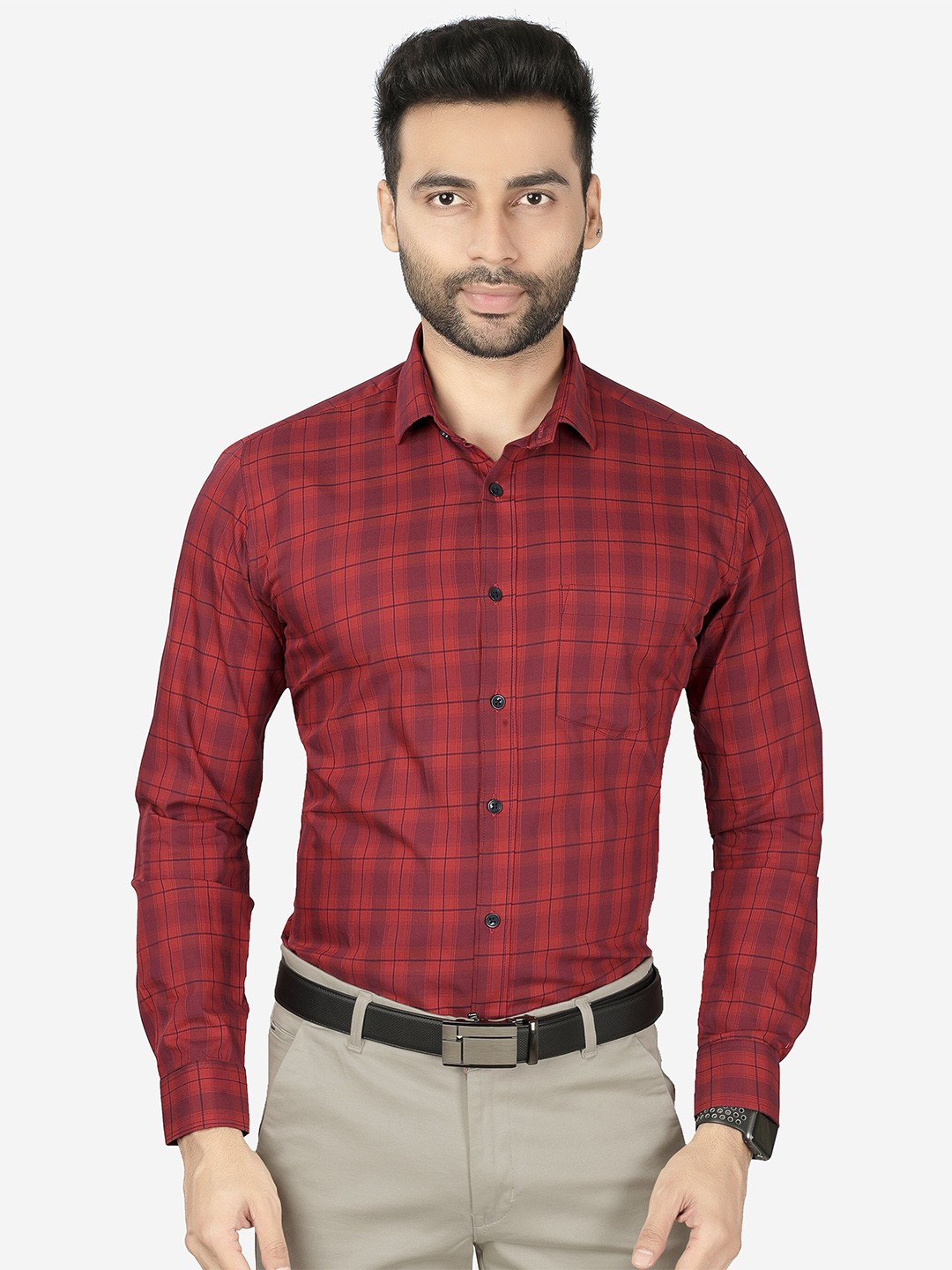 

5TH ANFOLD Men Red Slim Fit Tartan Checks Checked Formal Shirt