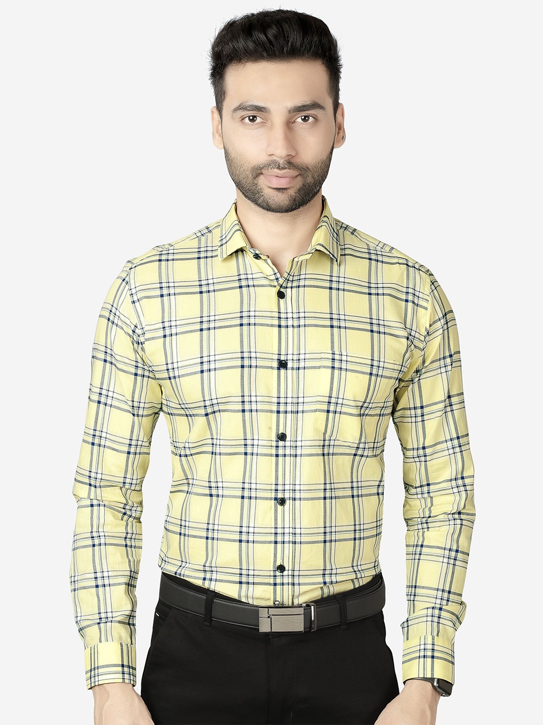 

5TH ANFOLD Men Yellow Slim Fit Tartan Checks Checked Formal Shirt