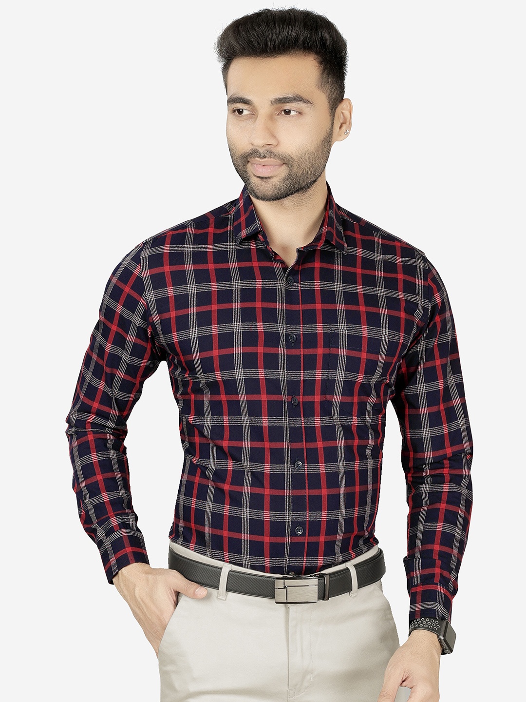 

5TH ANFOLD Men Grey Slim Fit Tartan Checks Checked Formal Shirt