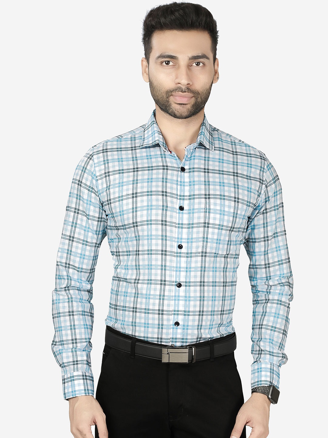

5TH ANFOLD Men Blue Slim Fit Tartan Checks Checked Formal Shirt