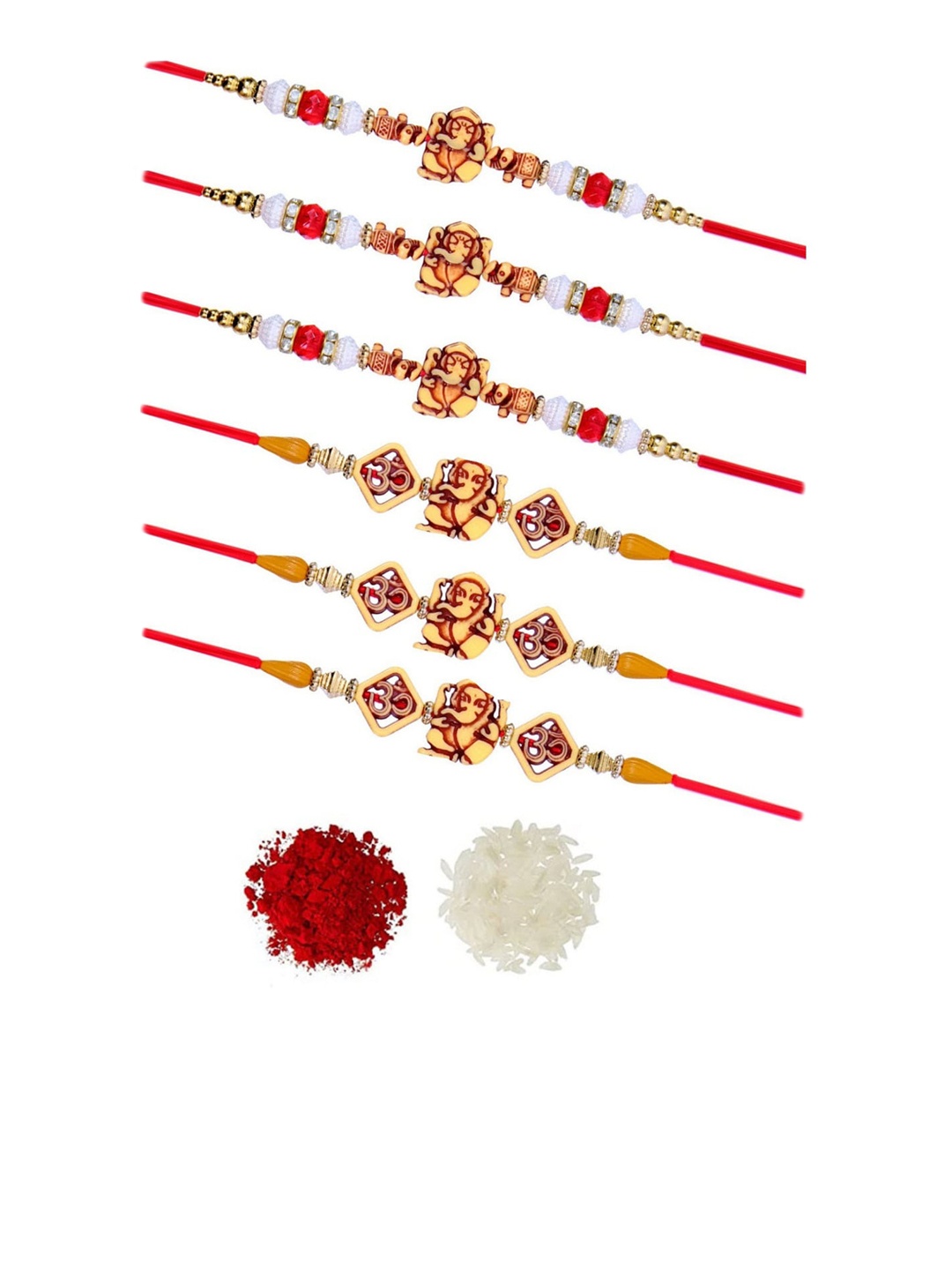

Crunchy Fashion Set of 6 Ganpati Rakhi with Roli Chawal, Red
