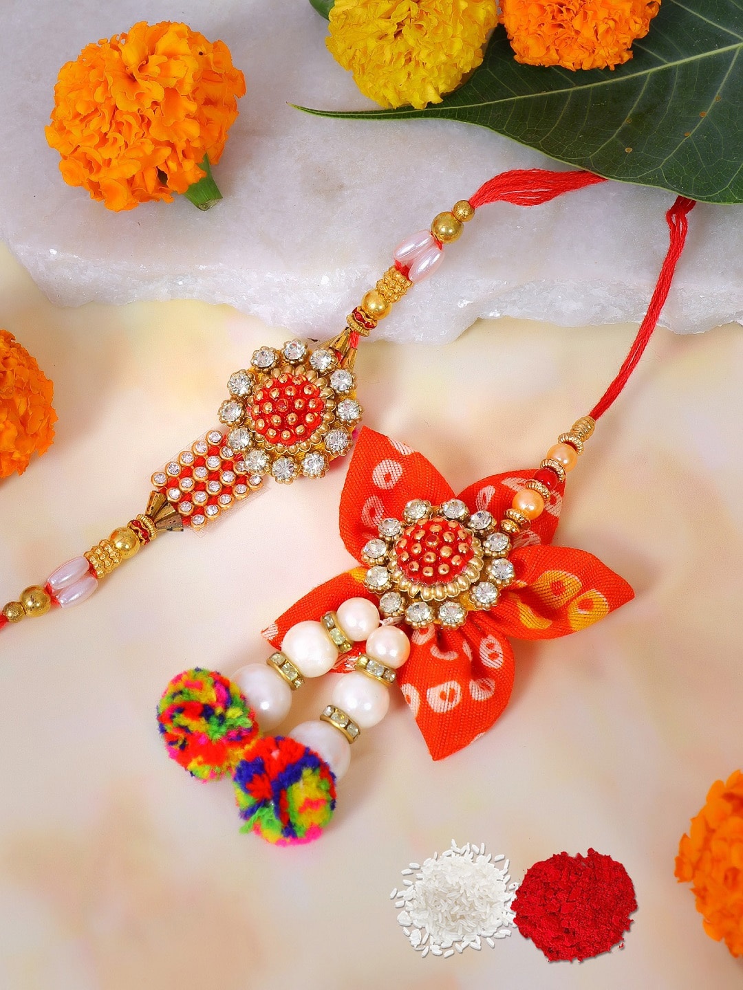 Crunchy Fashion Pack of 2 Gold-Toned Red Floral Kundan Studded Rakhi Set