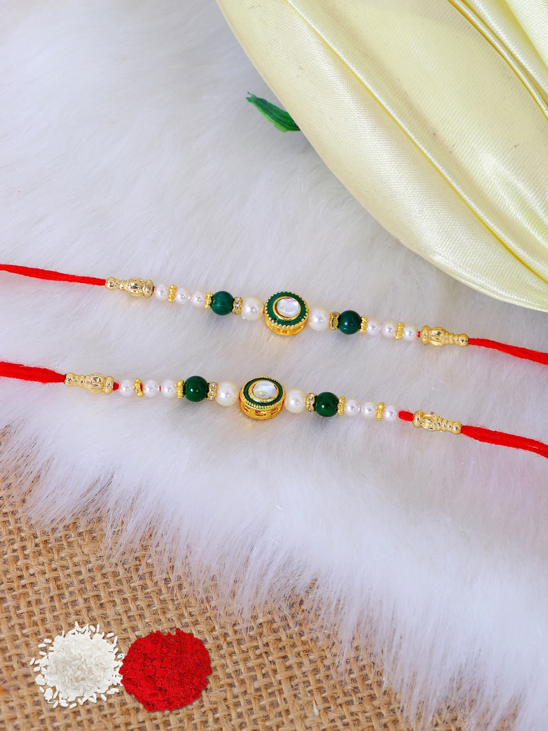 

Crunchy Fashion Set of 2 Pearl Kundan Rakhi, Multi