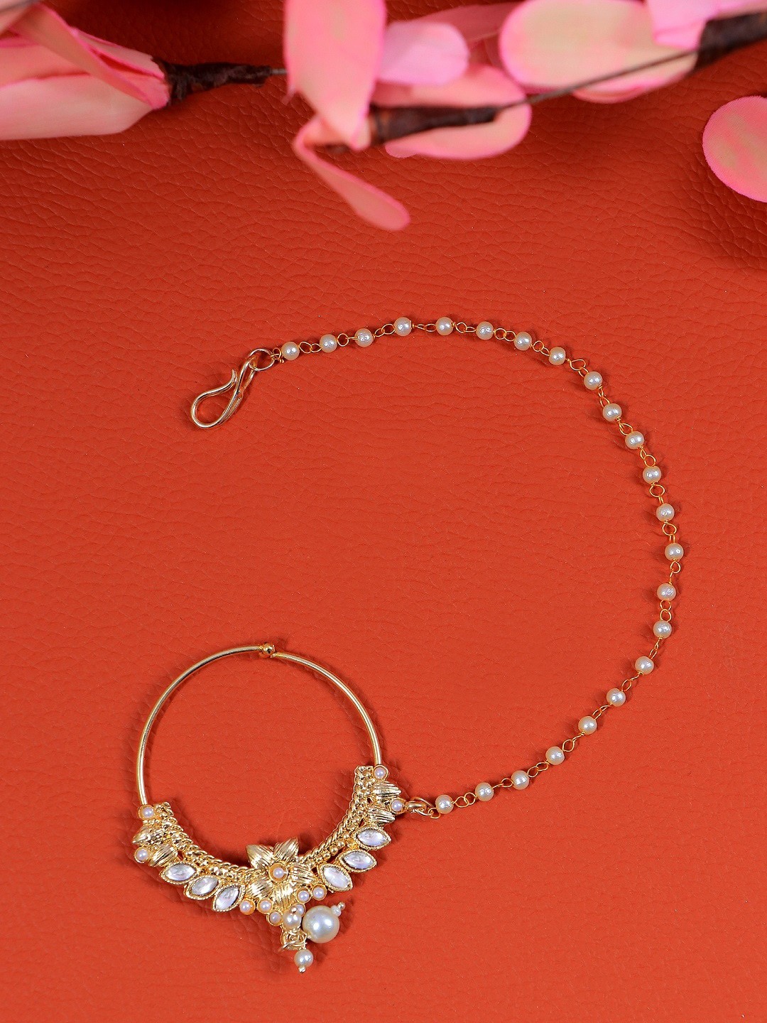 

Crunchy Fashion Gold-Plated Kundan Studded Chained Nose Ring