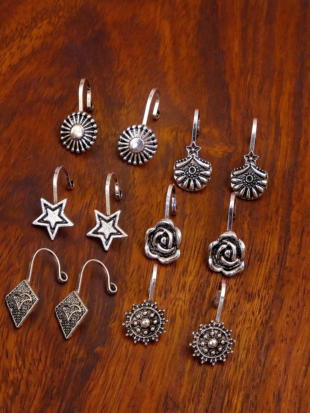 

Crunchy Fashion Set Of 12 Silver-Plated Oxidised Clip-On Nose Pins