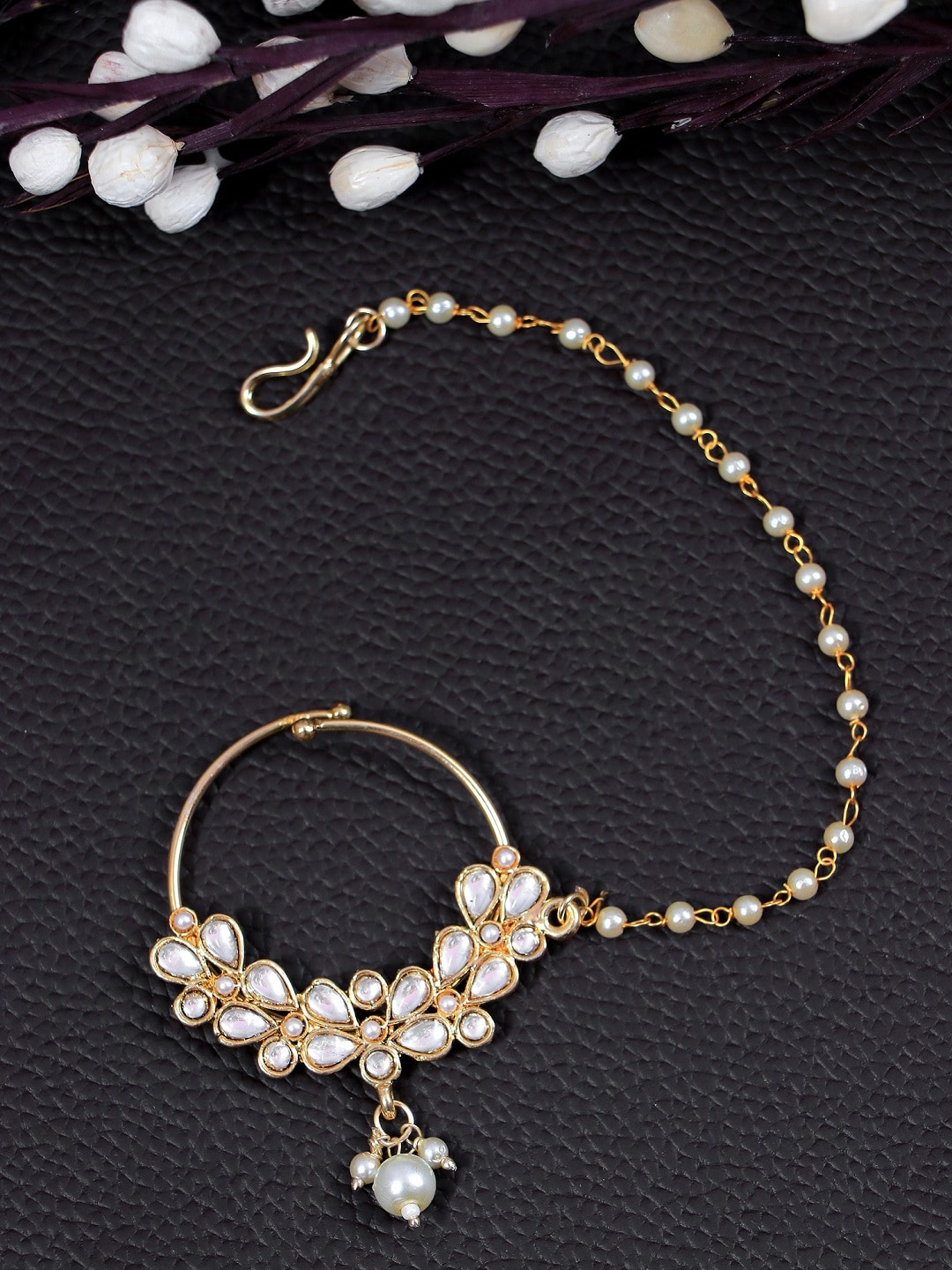 

Crunchy Fashion Gold-Plated White Stone-Studded & Pearl Beaded Nosepin
