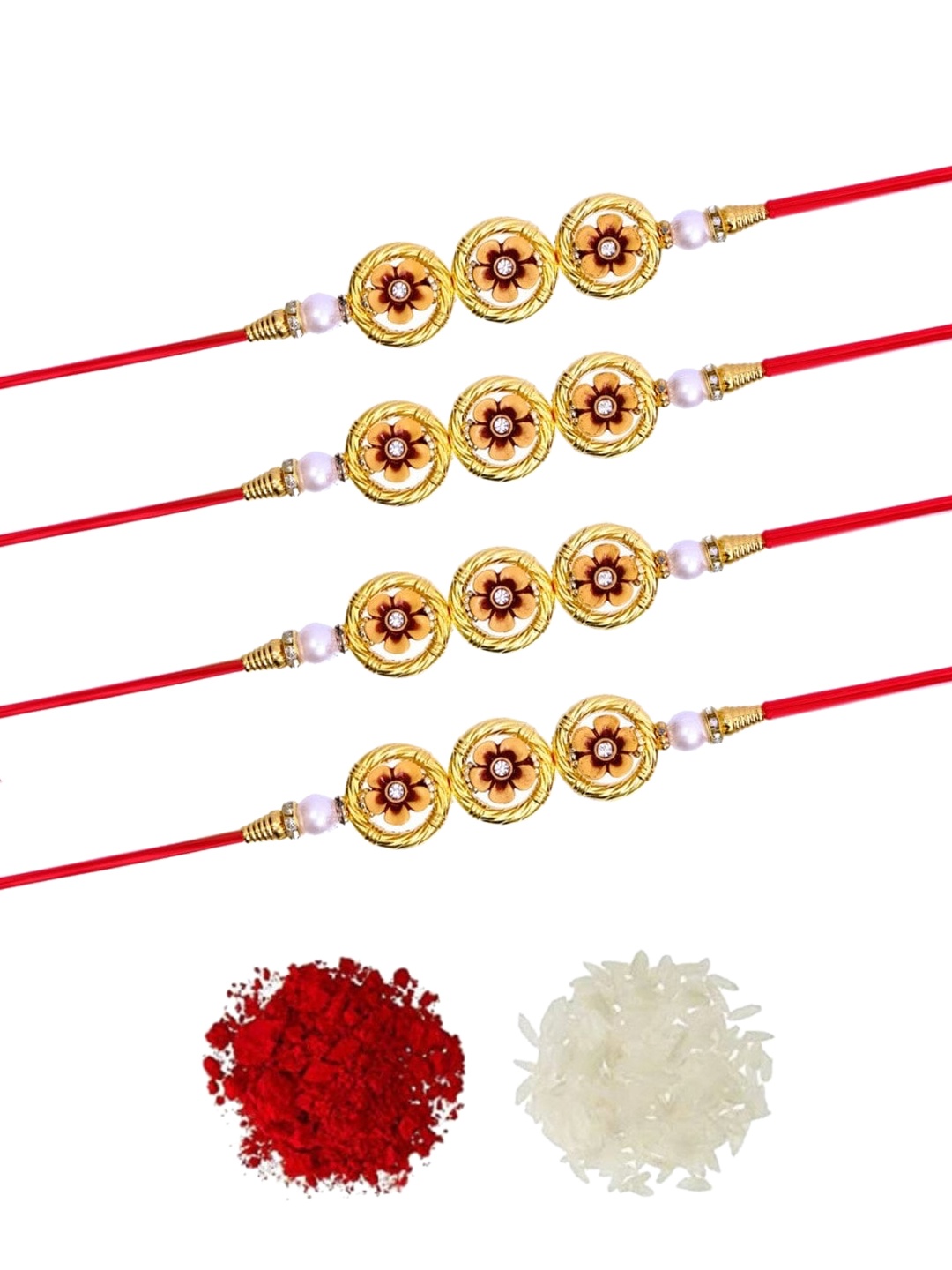 

Crunchy Fashion Set Of 4 Yellow & Red Studded Rakhis