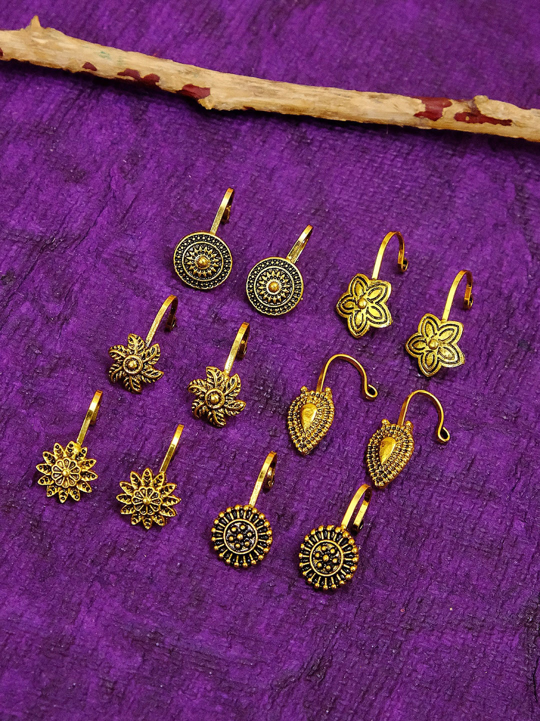 

Crunchy Fashion Set Of 12 Gold-Plated Gold Oxidized Nosepins