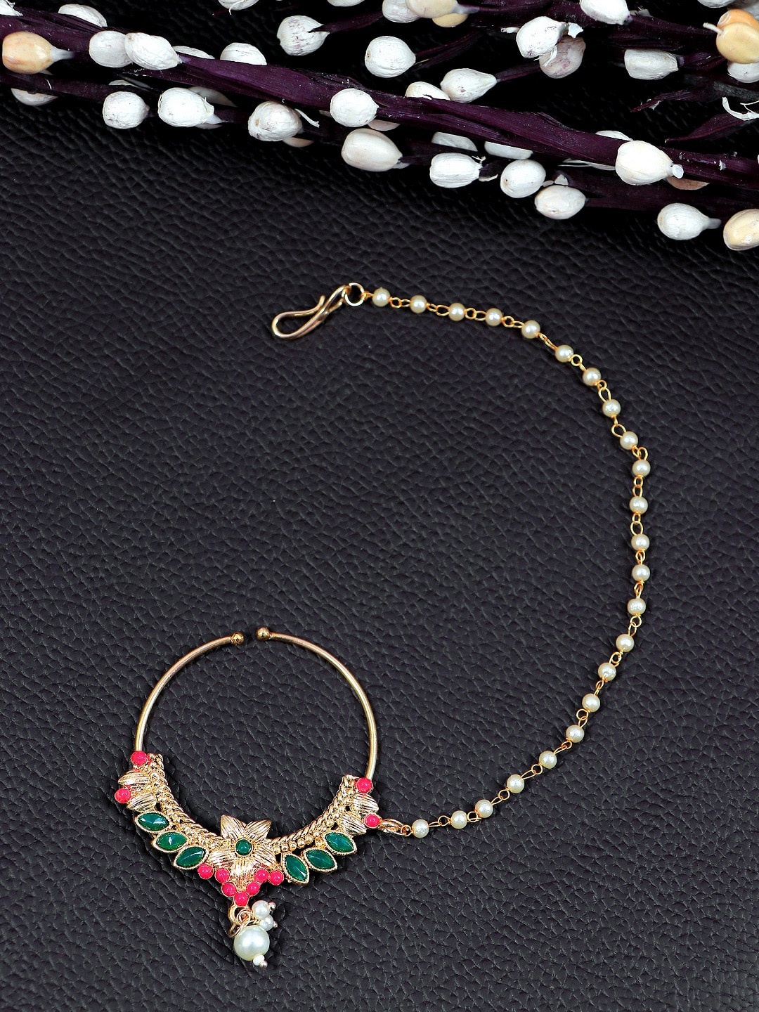 

Crunchy Fashion Gold-Plated Pink & Green Stone-Studded & Pearl Beaded Nosepin, Multi