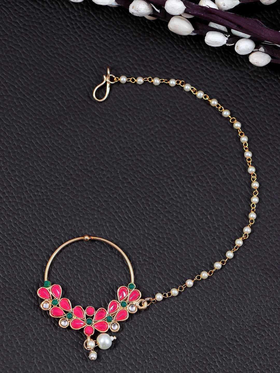 

Crunchy Fashion Gold Plated Red & Green Kundan Studded Nosepin