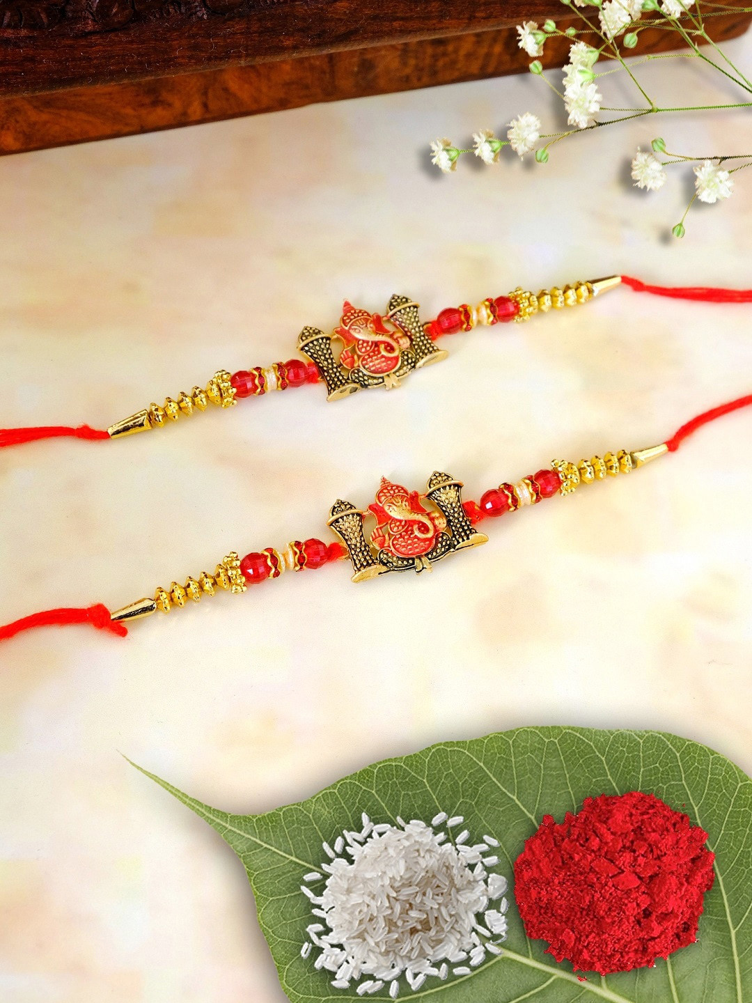 

Crunchy Fashion Set of 2 Gold-Plated Lord Ganesha Rakhi, Multi