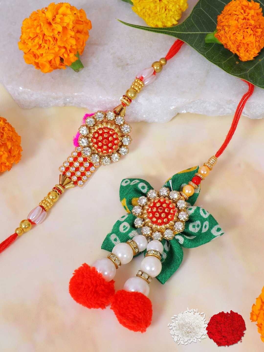 

Crunchy Fashion Set of 2 Floral Bhai Bhabhi Rakhi, Red