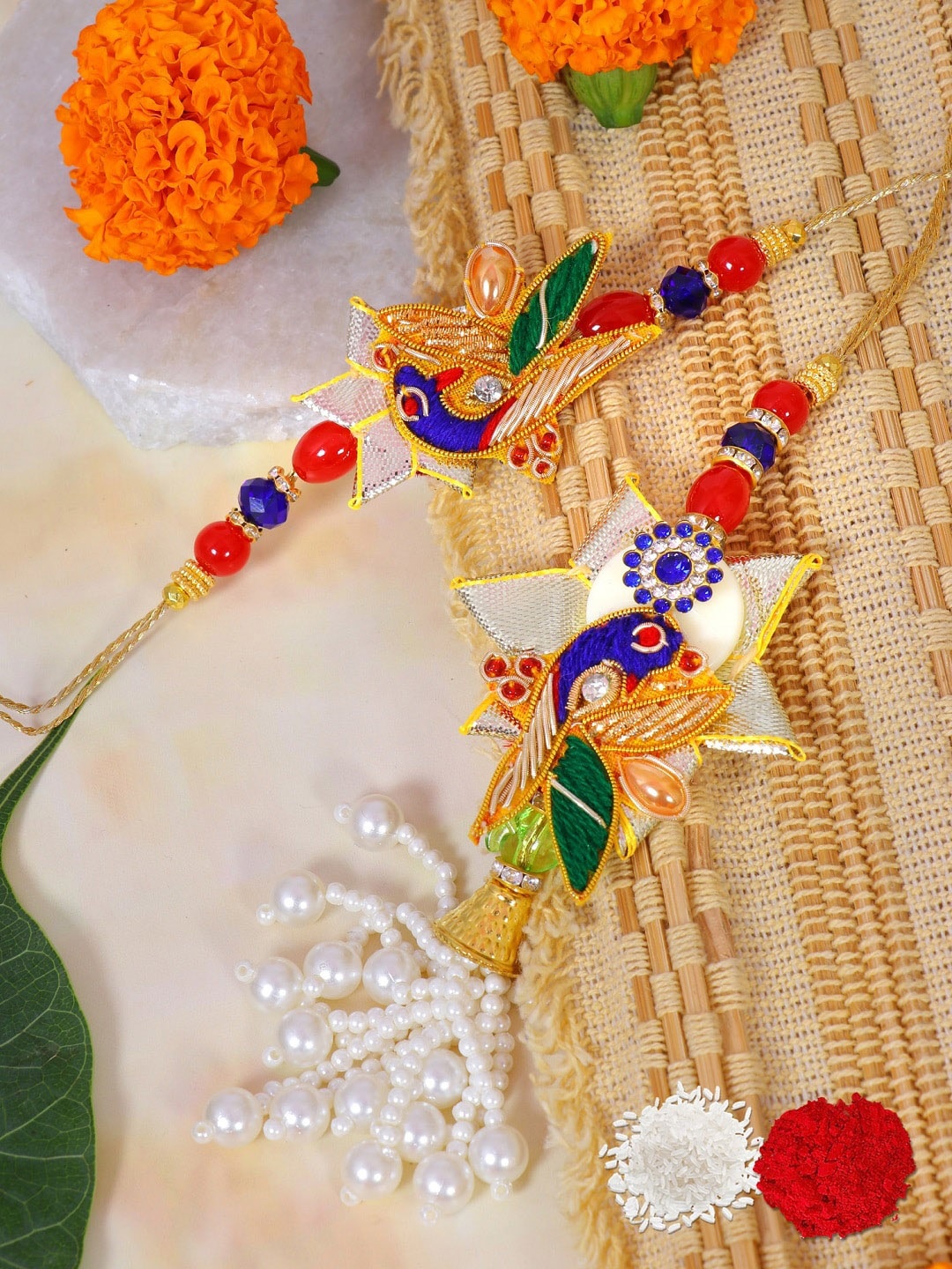 

Crunchy Fashion & Golden Peacock Design Bhaiya Bhabhi Rakhi, Blue