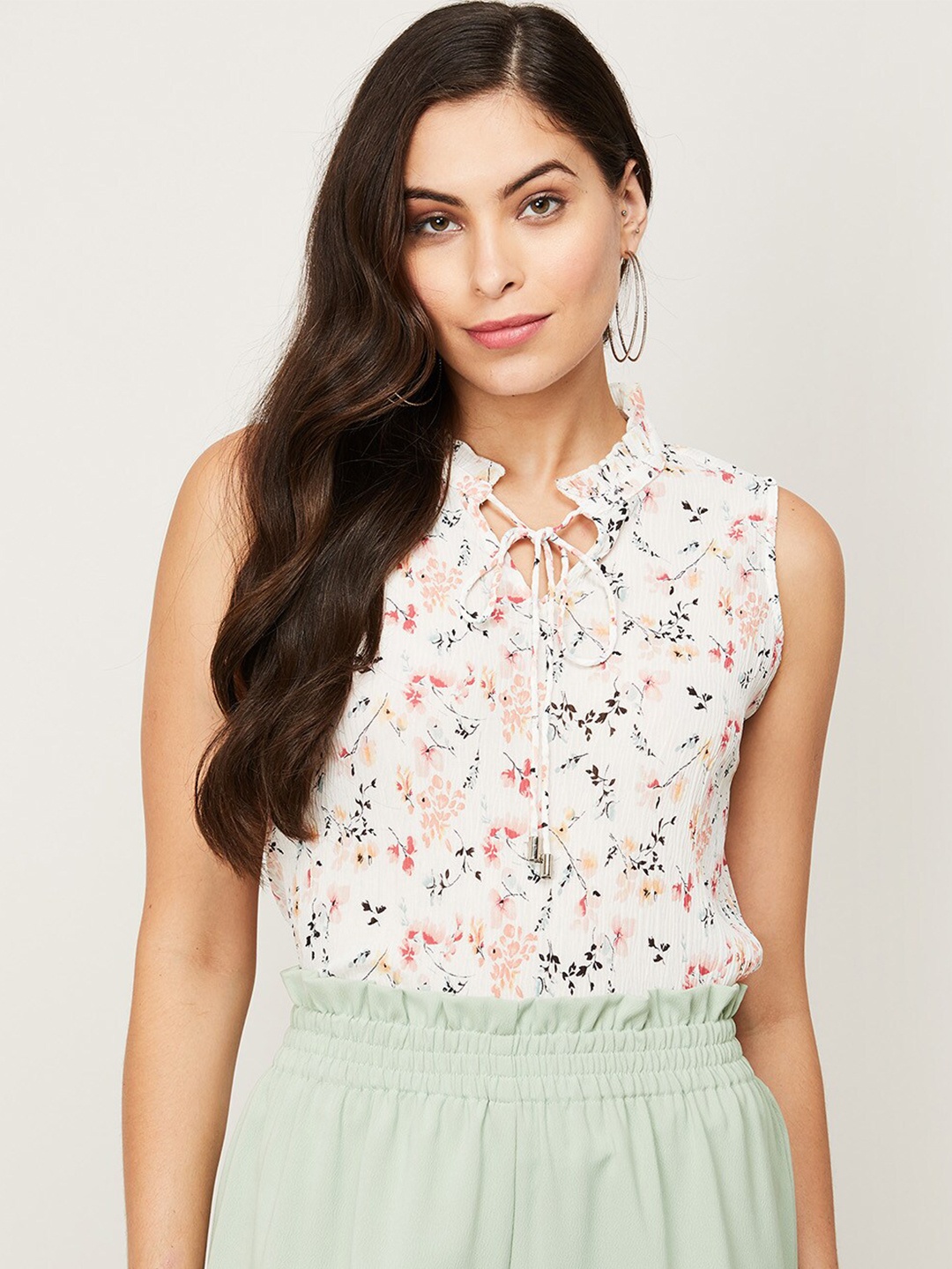 

CODE by Lifestyle White Floral Print Tie-Up Neck Top