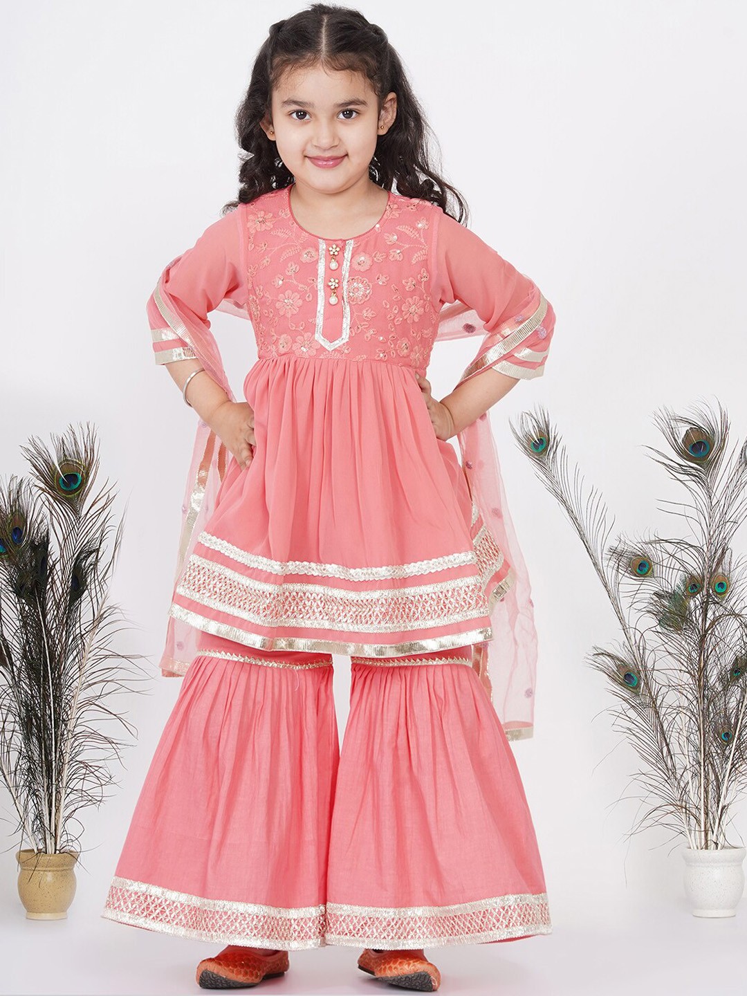 

Little Bansi Girls Multicoloured Floral Embroidered Pure Cotton Kurti with Sharara & With Dupatta, Multi