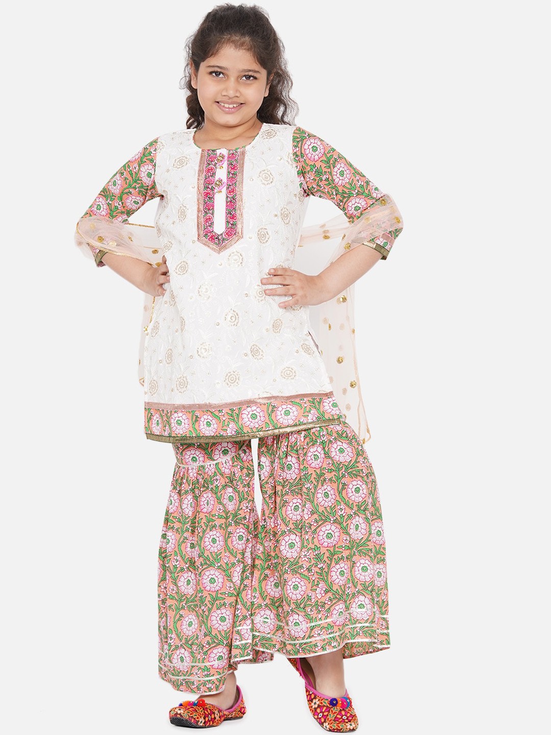 

Little Bansi Girls Multicoloured Floral Striped Pure Cotton Kurti with Skirt, Multi
