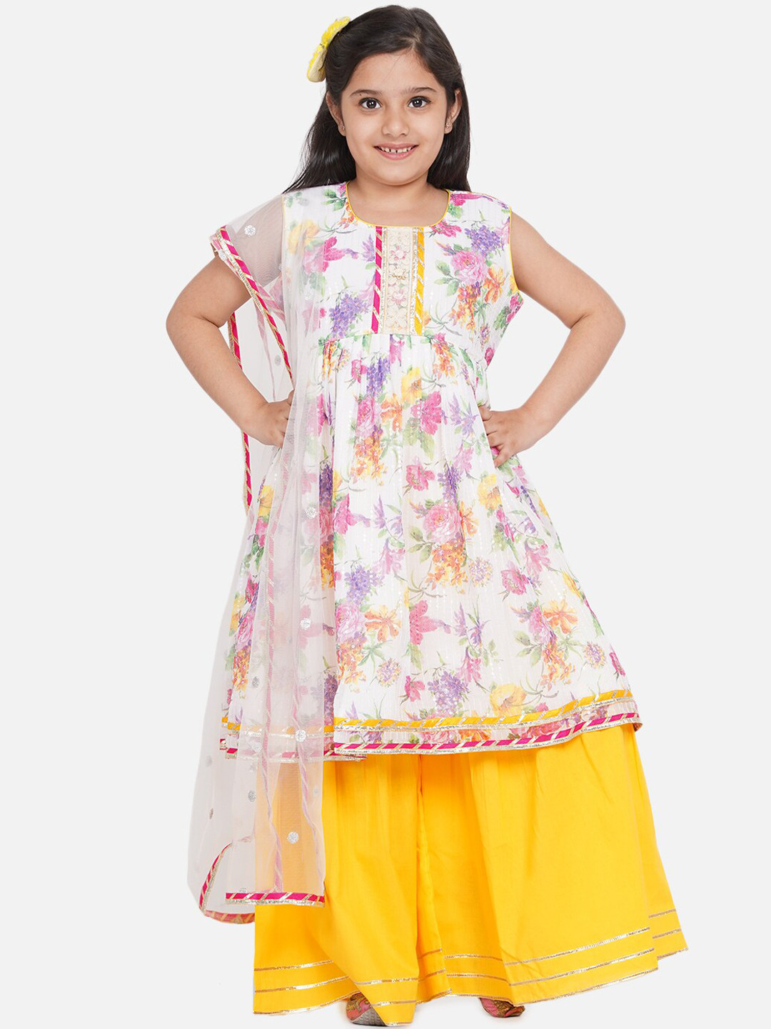 

Little Bansi Girls Multicoloured Floral Printed Panelled Pure Cotton Kurta with Skirt & With Dupatta, Multi