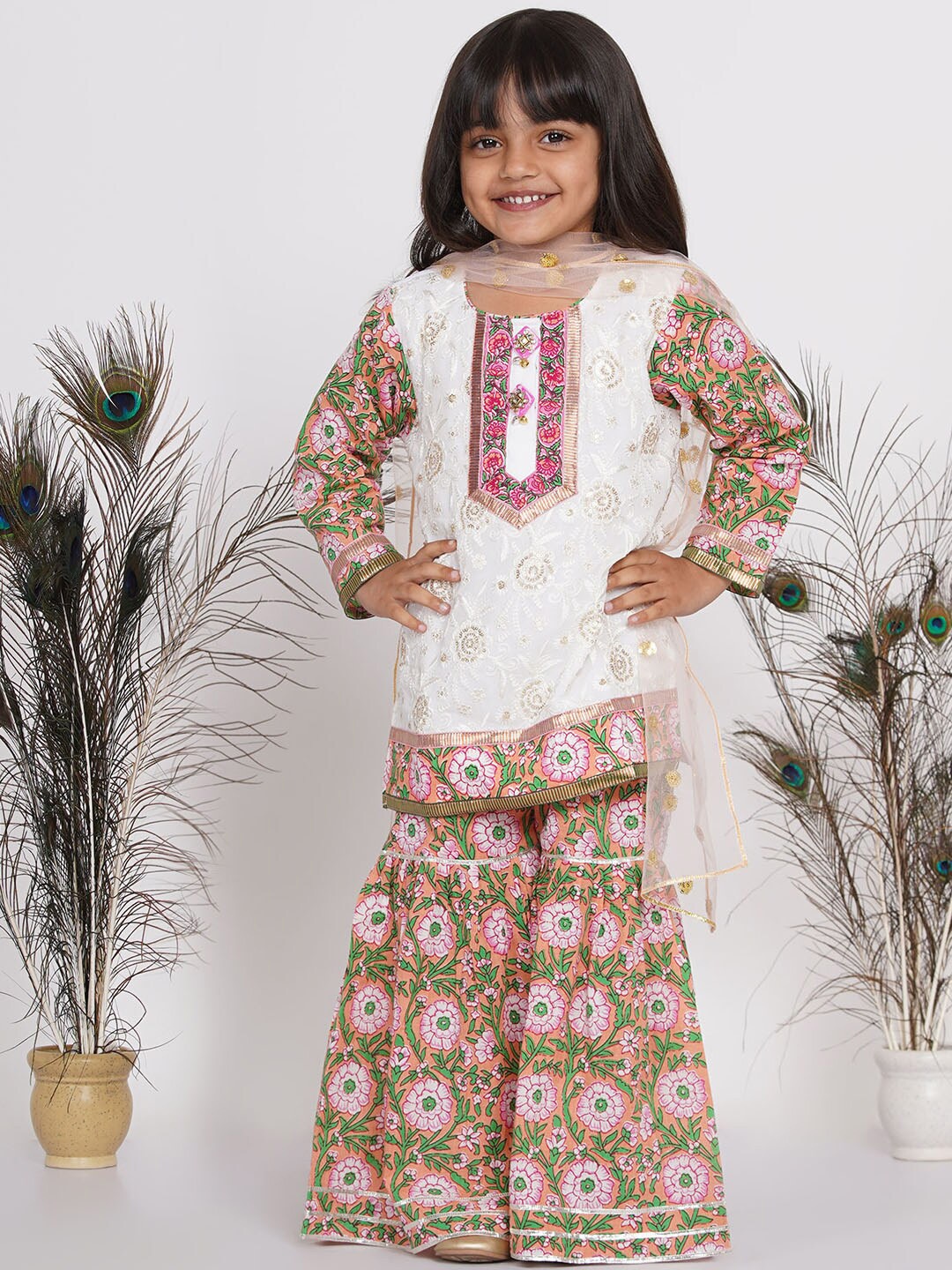 

Little Bansi Girls Multicoloured Ethnic Motifs Striped Pure Cotton Kurta with Palazzos & With Dupatta, Multi