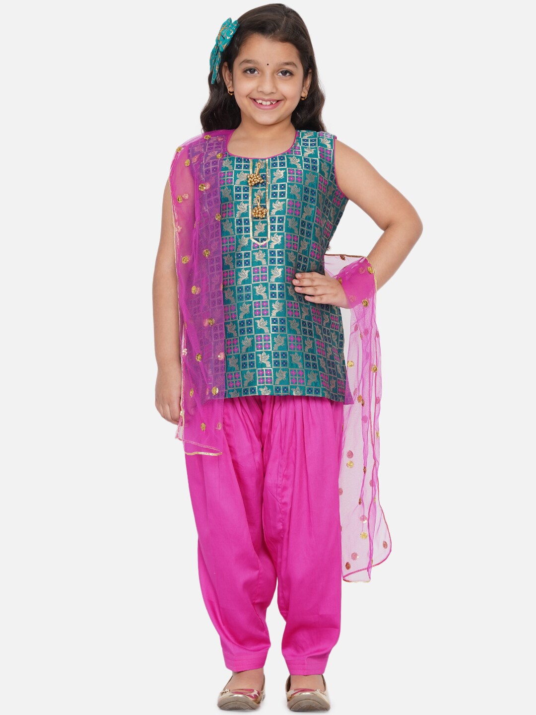 

Little Bansi Girls Multicoloured Embroidered Empire Pure Cotton Kurta with Salwar & With Dupatta, Multi