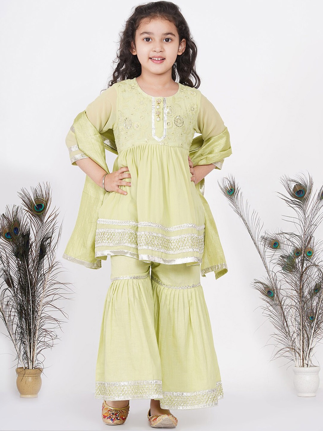 

Little Bansi Girls Multicoloured Floral Embroidered Pleated Pure Cotton Kurti with Sharara & With Dupatta, Multi