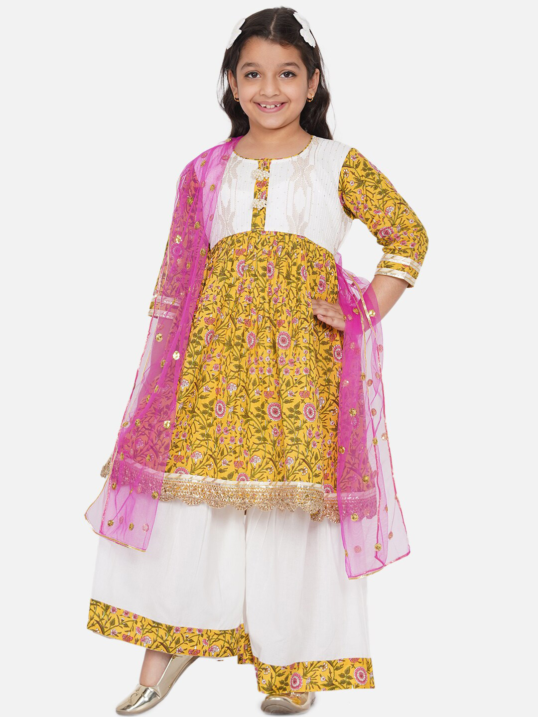 

Little Bansi Girls Multicoloured Printed Pure Cotton Kurta with Palazzos & With Dupatta, Multi