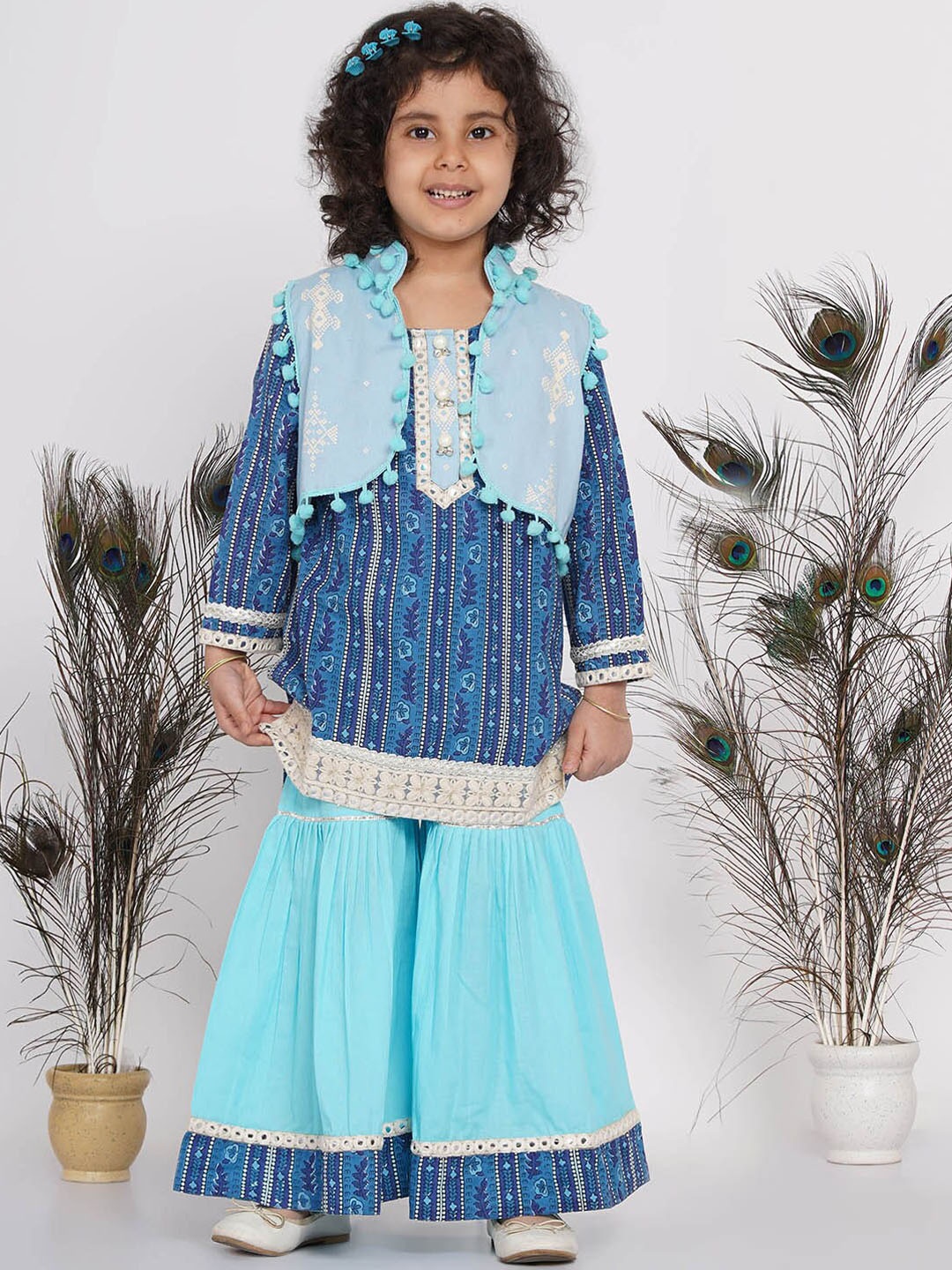 

Little Bansi Girls Multicoloured Ethnic Motifs Pure Cotton Kurti with Sharara & With Dupatta, Multi