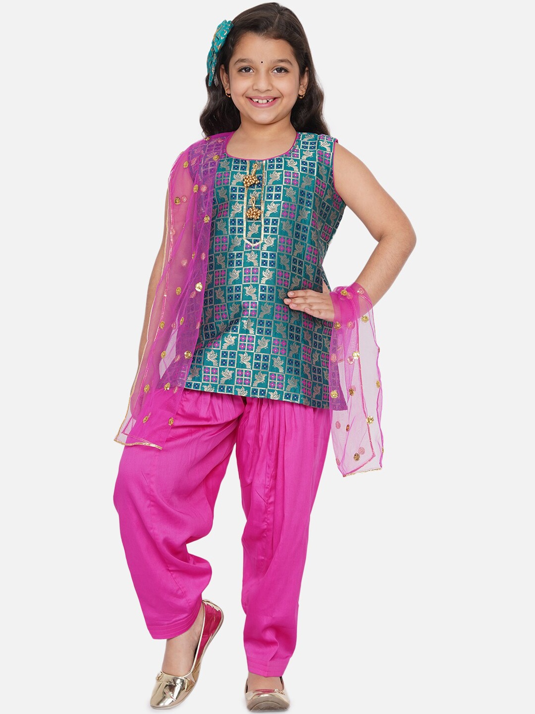 

Little Bansi Girls Multicoloured Embroidered Empire Pure Cotton Kurta with Salwar & With Dupatta, Multi